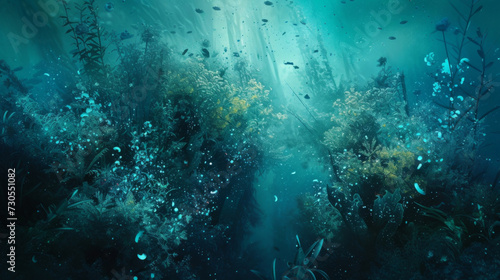 Abstract shapes and lines in shades of turquoise and aquamarine capturing the ethereal beauty of a sunken shipwreck overgrown with vibrant sea flora and inhabited by curious