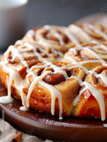 Cinnamon rolls drizzled with icing at breakfast in matial scene. Close-up of cinnamon rolls on kitchen counter at sunrise. photo