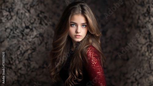 A mysterious aura surrounds a person with luscious, wavy hair, wearing an elegant red lace garment. The face is obscured, adding an enigmatic touch against a dark, textured backdrop