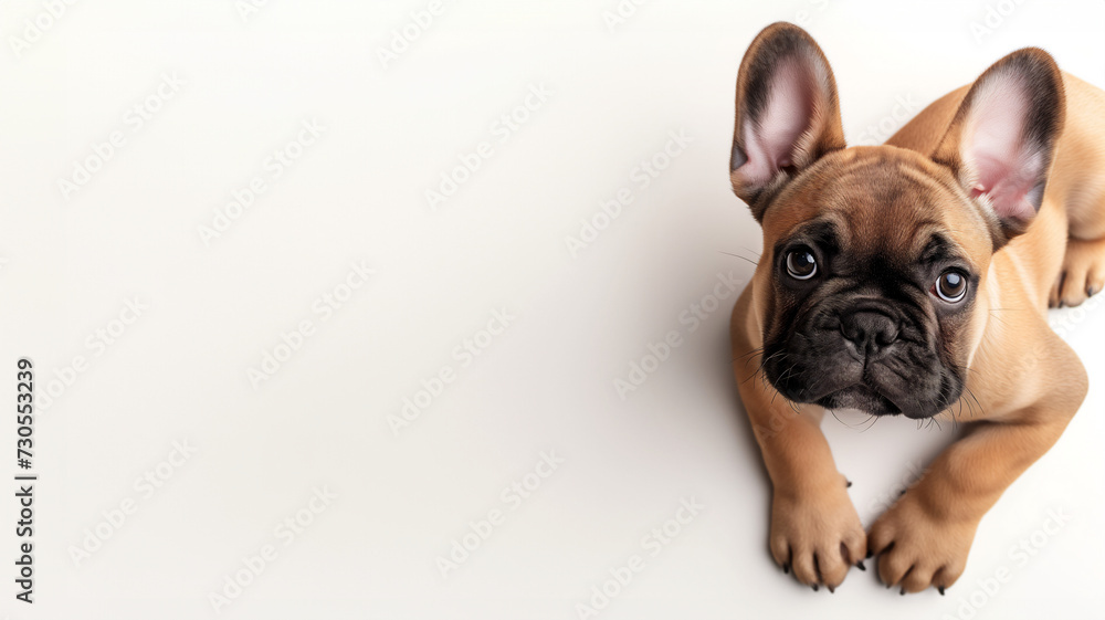 Adorable french bulldog puppy laying  down on white background, looking at camera, shot from above, room for type, puppy care, puppy health, fawn color, veterinary clinic pet store, horizontal banner 