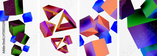 Flying 3d shapes, cubes and other geometric elements background design for wallpaper, business card, cover, poster, banner, brochure, header, website