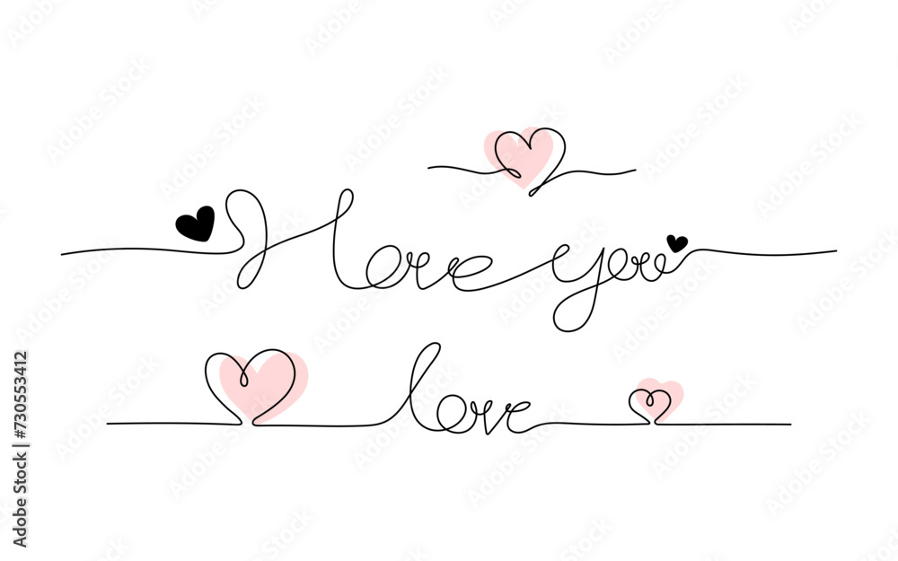 I love you and heart one line text banner as continuous line drawing on white as background. Valentine's Day. concept. Love Minimalist Contour Art. Illustration vector 10 eps.