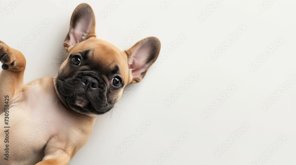 French bulldog puppy, laying on back with paws up, tan fawn color frenchie, looking at camera, shot from above, room for type, dog breeds, puppy care, puppy health, veterinary, horizontal banner ad