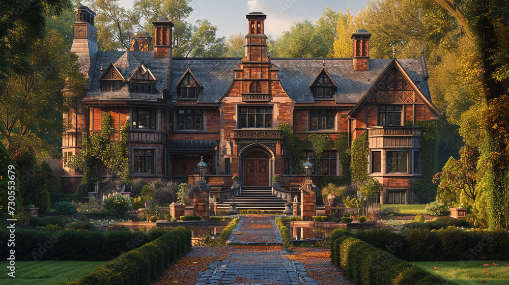 A stately Tudor residence with a symmetrical façade, its leaded windows framing views of manicured gardens and tranquil ponds.