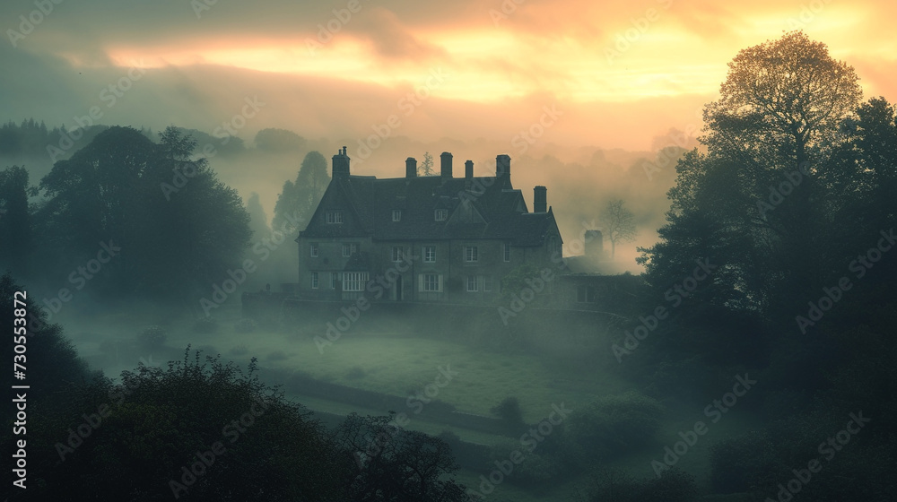 A Tudor manor bathed in the soft glow of dawn, its silhouette a silhouette against the misty morning sky, whispering tales of old.