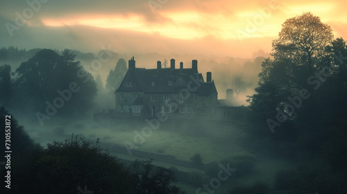 A Tudor manor bathed in the soft glow of dawn, its silhouette a silhouette against the misty morning sky, whispering tales of old. photo