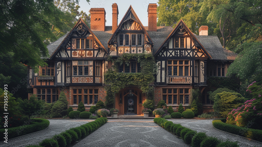 A charming Tudor manor adorned with intricately carved gables, standing as a timeless symbol of refinement and grace.
