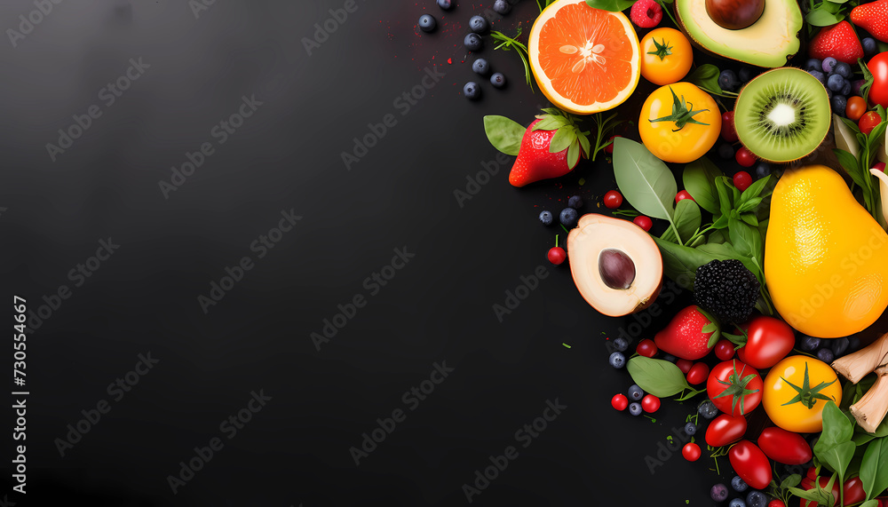 Healthy food on dark background with copy space, flat lay, top view, banner
