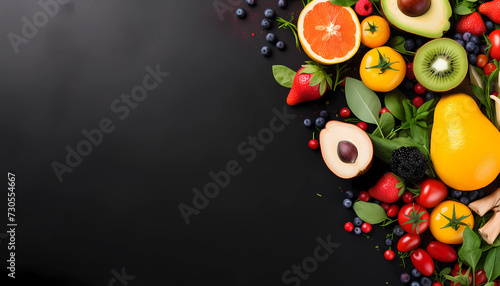 Healthy food on dark background with copy space, flat lay, top view, banner
