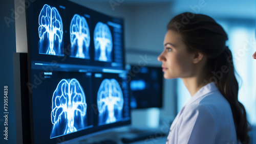 Neurologist doctor studying brain tests on a monitor at hospital