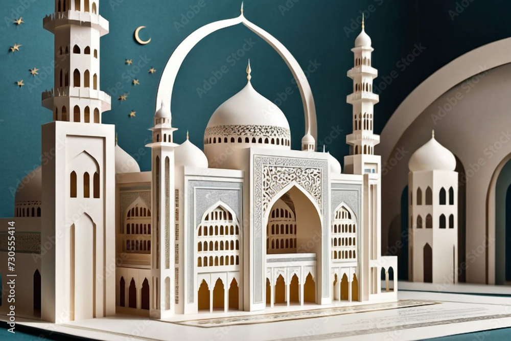 a close up of a paper cut of a mosque with a crescent
