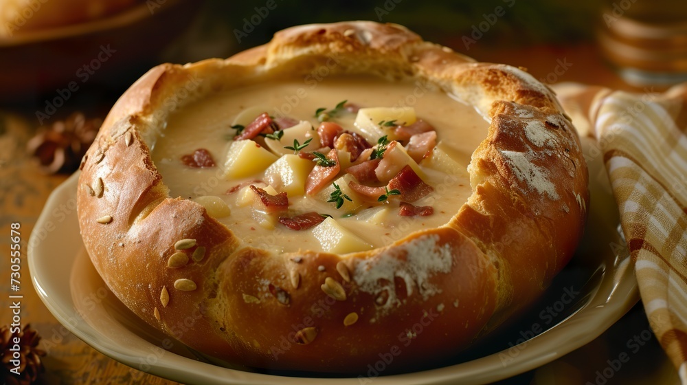 Steaming potato soup fills a bread bowl, emanating a comforting aroma that awakens your appetite. Dinner setting in potato soup gastronomic experience.