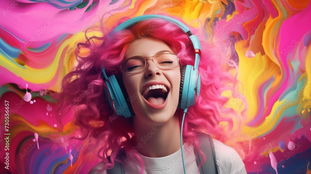 A woman with pink hair in headphones. A woman with pink hair in headphones.