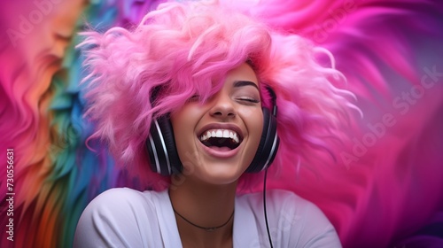 A woman with pink hair in headphones.