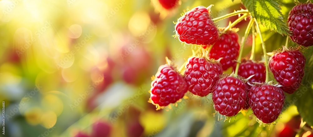 Vibrant hues of ripe raspberries against a summery backdrop Vibrant hues of ripe raspberries against a summery backdrop