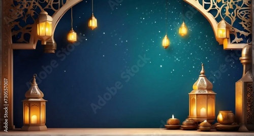 Islamic background for backdrop needs, with lanterns and Islamic buildings. Generative AI photo