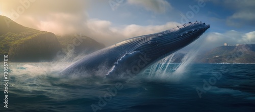 A blue whale, surfaces offshore