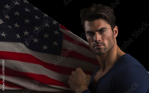 Man Holding American Flag Against Black Background