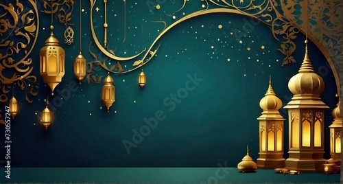 3d lanterns on wood, Islamic backdrop, Ramadan Kareem. Generative AI