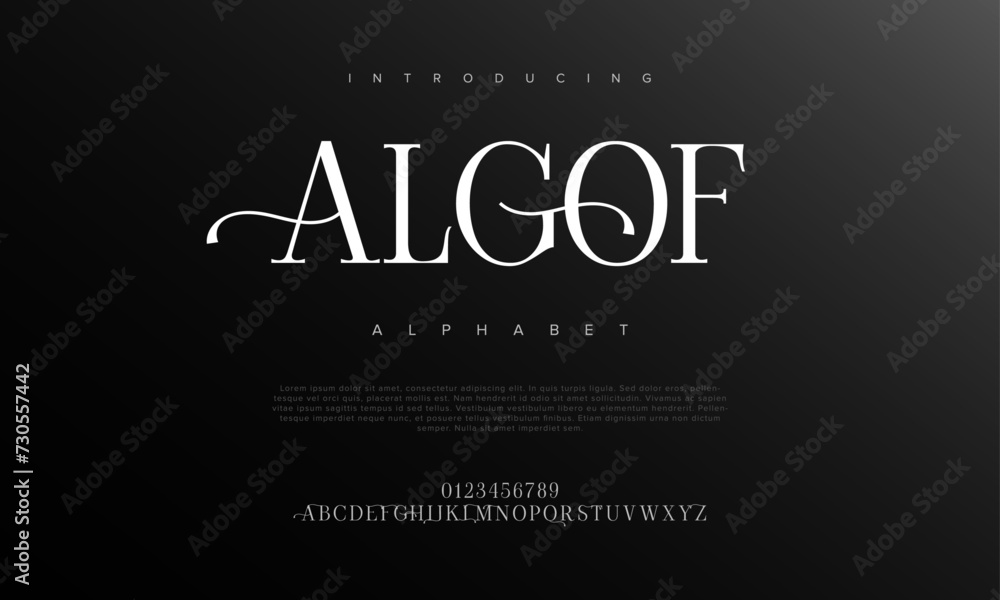 Algof premium luxury elegant alphabet letters and numbers. Elegant wedding typography classic serif font decorative vintage retro. Creative vector illustration Algof premium luxury elegant alphabet letters and numbers. Elegant wedding typography classic serif font decorative vintage retro. Creative vector illustration
