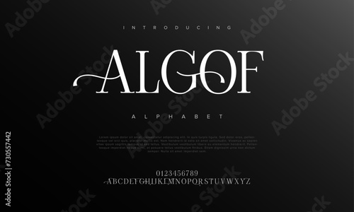 Algof premium luxury elegant alphabet letters and numbers. Elegant wedding typography classic serif font decorative vintage retro. Creative vector illustration