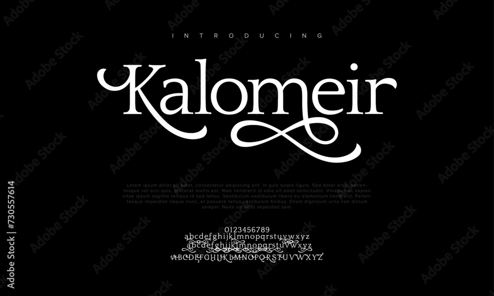 Kalomeir premium luxury elegant alphabet letters and numbers. Elegant wedding typography classic serif font decorative vintage retro. Creative vector illustration