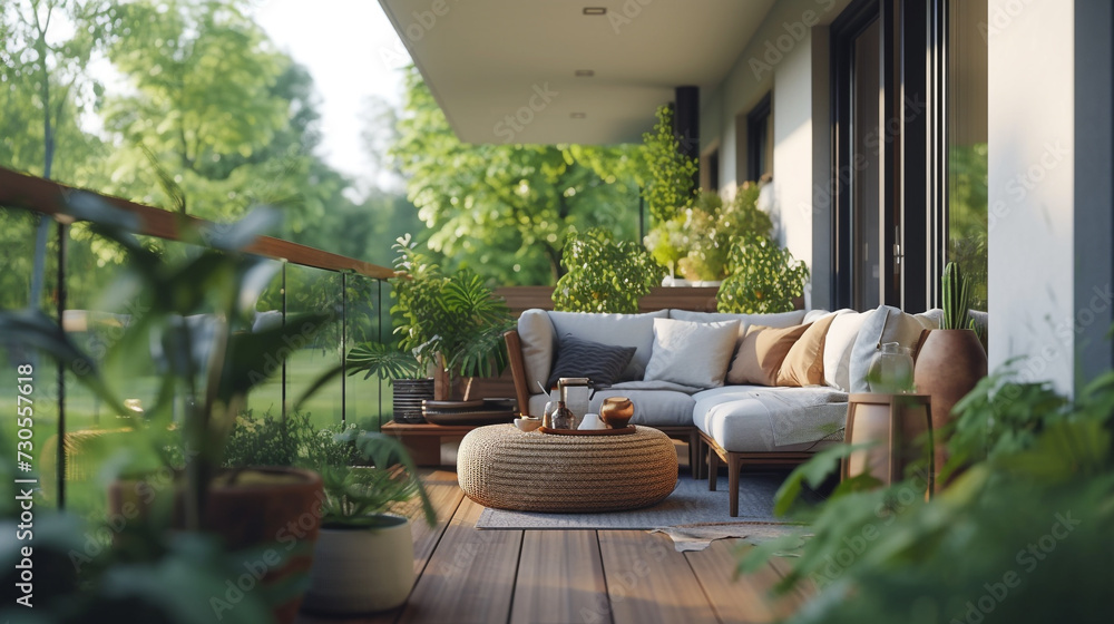 Scandinavian style balcony with outdoor furniture and potted plants
