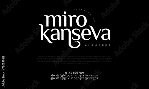 Mirokanseva premium luxury elegant alphabet letters and numbers. Elegant wedding typography classic serif font decorative vintage retro. Creative vector illustration