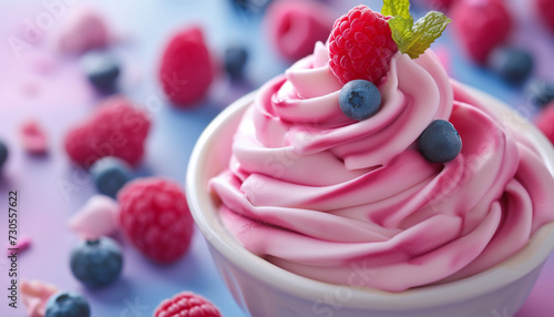 Delicious frozen yogurt topped with fresh berries for refreshing dessert photo
