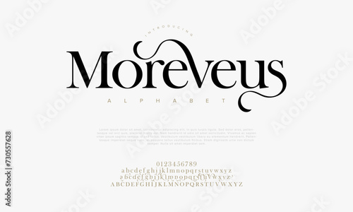 Morveus premium luxury elegant alphabet letters and numbers. Elegant wedding typography classic serif font decorative vintage retro. Creative vector illustration