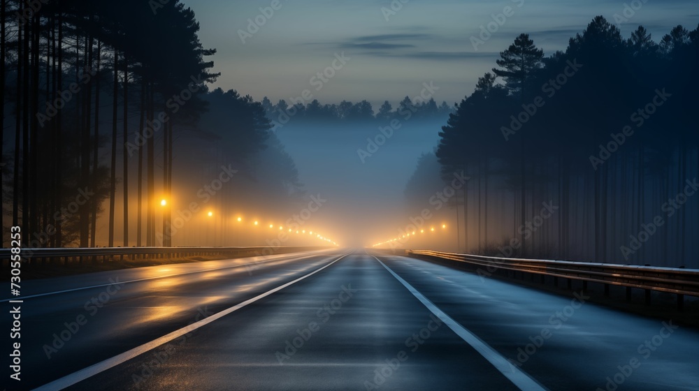 An image of a road surrounded by a thick fog.