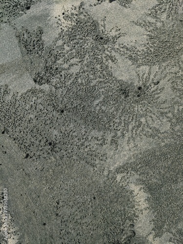 A close-up view of a sandy surface with various intricate patterns and textures.