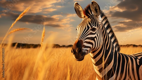 An image of a zebra in a dry field of grass. © kept