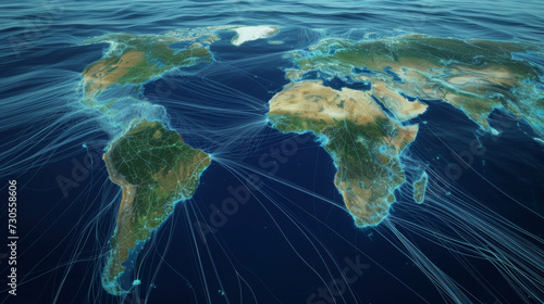 A map of global shipping routes highlighting the potential pathways for invasive species to be transported via ballast water discharge. photo