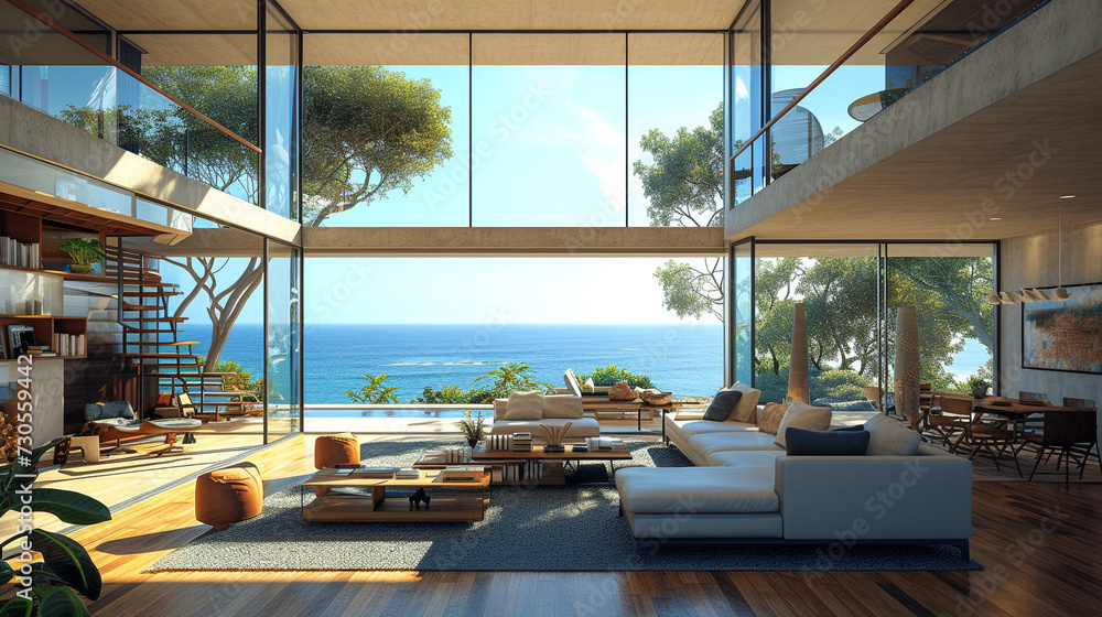 Contemporary beach house with floor-to-ceiling windows, ocean views, and nautical decor.