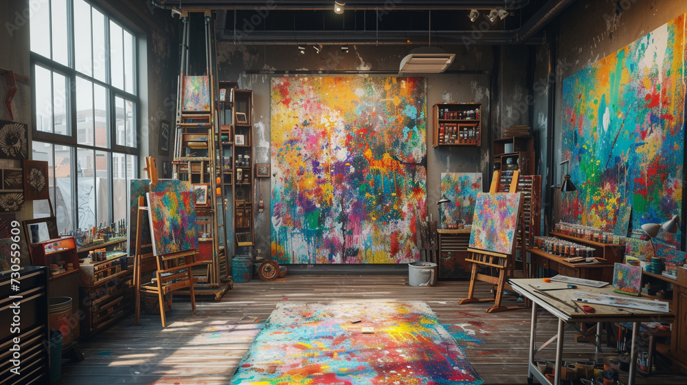 Eclectic artist's studio with colorful paint splatters, gallery wall, and vintage easels.