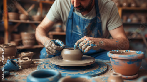 Artistic potter crafting matching ceramics in vibrant studio ambiance