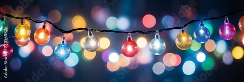 Colorful hanging string of lights adorned with multicolored balls.