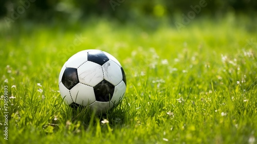 Black and white soccer ball placed on a green grass field.