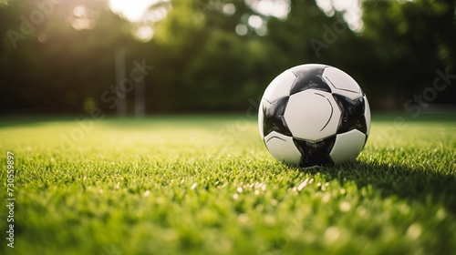 Black and white soccer ball placed on a green grass field. © kept
