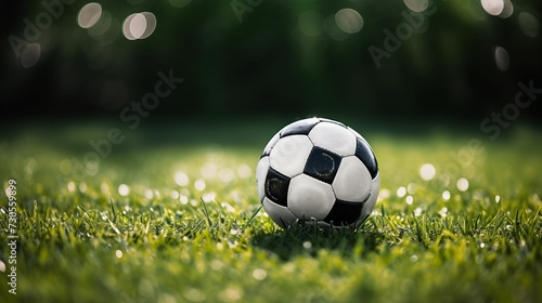 Black and white soccer ball placed on a green grass field.