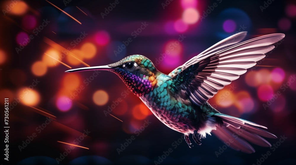Obraz premium Digital neon hummingbird in flight against a dynamic background..jpg