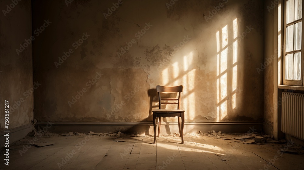 Empty abandoned room with faded walls and dust-covered floor.