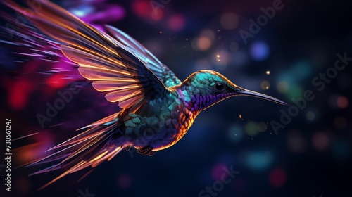 Digital neon hummingbird in flight against a dynamic background..jpg photo