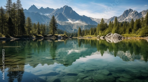 Crystal-clear lake nestled in the midst of towering mountains.