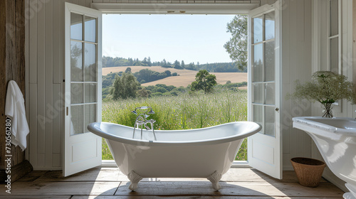 A minimalist bathroom with a clawfoot tub and a large window. © memoona