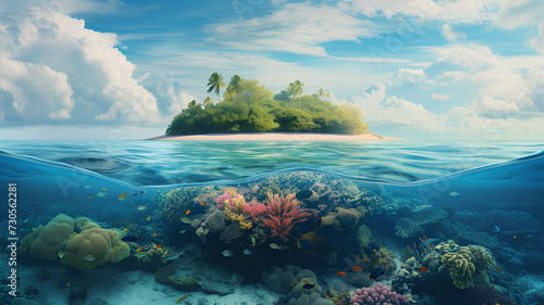 A serene tropical island with lush greenery above a vibrant underwater coral reef teeming with fish. 