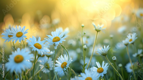 A macro shot of daisies, their delicate details basking in the soft field light - AI Generative.