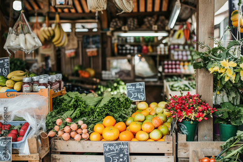 Farmer's market stall with a variety of produce elegantly packaged in eco-friendly materials, sustainable packaging. © Degimages