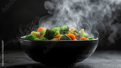 The steam from the vegetables carrot broccoli Cauliflower in a black bowl, a steaming. Boiled hot Healthy food on table on black background,hot food and healthy meal concept - generative ai